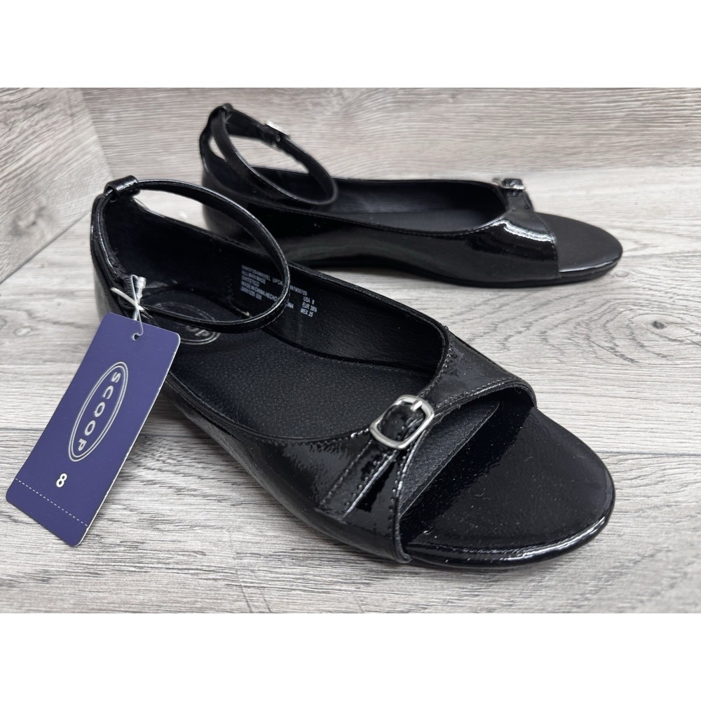 Scoop Womens 6 Open Toe Flat Adj Strap Black Summer Casual or Dress Sandals NWT